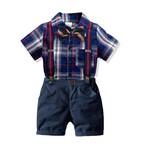Kid Baby Boy Short Sleeve Button-Down Blue Plaid Cotton Shirts Top Summer Outfits 